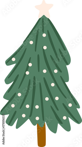 Christmas tree hand drawn with star,ornament  illustrations in flat style. Colorful winter trees  for holiday xmas and new year. Vector illustration.