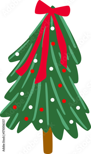 Christmas tree hand drawn with red bow,ornament  illustrations in flat style. Colorful winter trees  for holiday xmas and new year. Vector illustration.