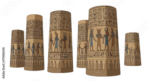 Depiction of ancient Egyptian pillars adorned with hieroglyphs and figures for historical education and museum exhibit design