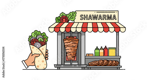 Delicious shawarma illustration featuring a food stand, meat on a vertical rotisserie, and a hand holding a wrapped sandwich for fast food restaurants