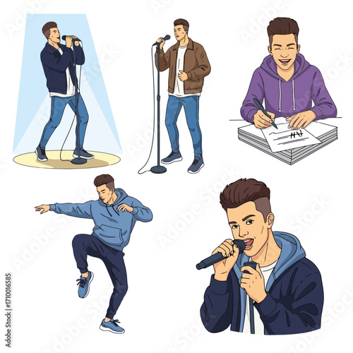 A stylized collection of a young male singer performing various actions including singing, songwriting, and dancing for entertainment and lifestyle design