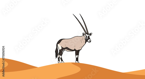 A majestic gemsbok stands gracefully atop a sandy dune, embodying the spirit of the desert wildlife and its natural habitat in a minimalist illustration