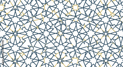Intricate geometric pattern featuring interlocking stars and polygons in a seamless repeat for textile design and architectural ornamentation, ideal for cultural motifs
