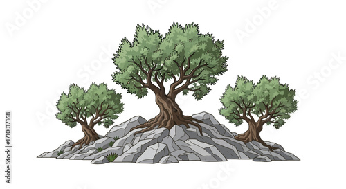 A serene illustration featuring three stylized olive trees perched atop a rocky outcrop, ideal for nature-themed designs, logos, or educational materials