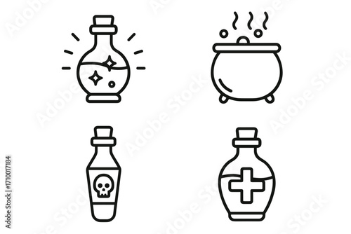 Alchemy Potion Icons – Magical Vector Set of Fantasy Bottles, Elixirs & Mystical Brewing Elements