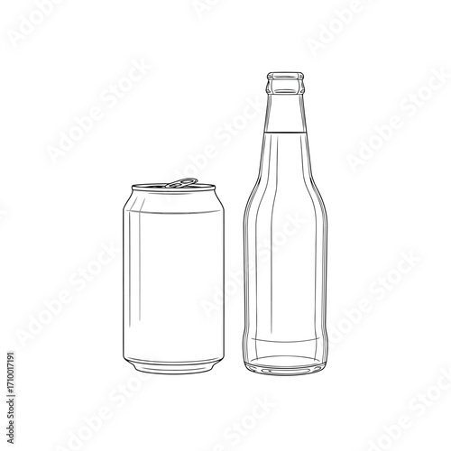 Vector art of a minimalist line drawing of a soda can and a beer bottle, , showcasing beverage containers in a simple style