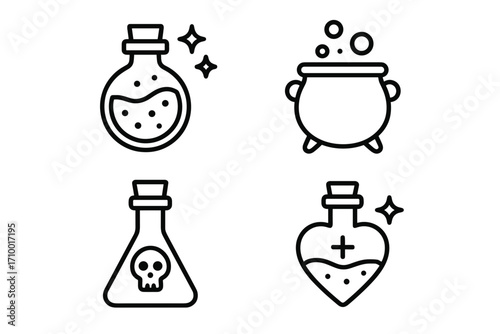 Alchemy Potion Icons – Magical Vector Set of Fantasy Bottles, Elixirs & Mystical Brewing Elements