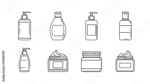 Hand drawn beauty product icons featuring bottles and jars for skincare and cosmetics silhouette