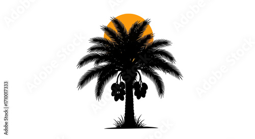 A striking silhouette of a date palm tree against a warm sun for desert oasis branding and nature-inspired tropical vacation designs and travel themed promotions