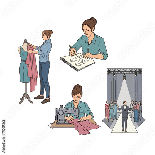 The lifecycle of fashion design: From initial sketch to the runway show, showcasing the creative process of a female fashion designer and the final glamorous presentation