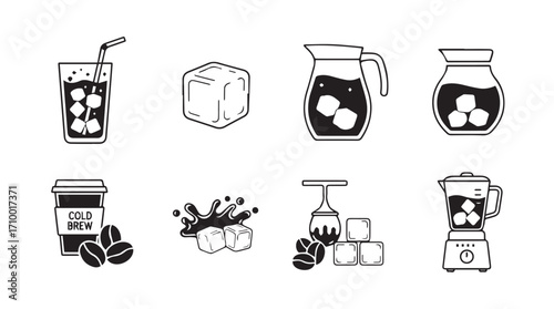 Hand drawn refreshing cold coffee drinks and ingredients sketch icons set on white silhouette