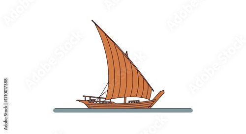 A minimalist vector illustration of a traditional wooden dhow sailboat, showcasing its single sail and elegant form for travel posters and historical educational resources