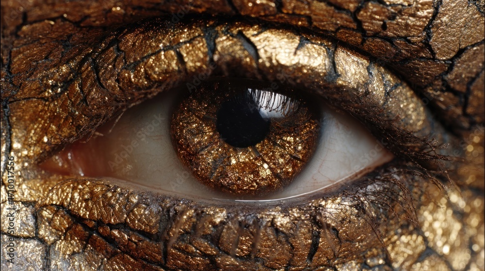 Fototapeta premium Intense closeup of an eye with cracked gold makeup, emphasizing the intricate details and shimmering texture of the cosmetic