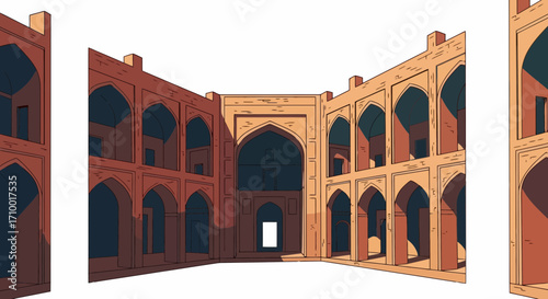 Architectural illustration of an ancient courtyard featuring arched doorways and intricate designs for historical and cultural heritage projects