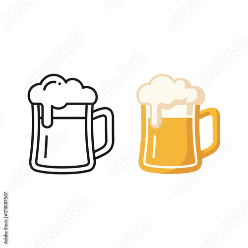 Vector art of two beer mugs, one in outline and one in color, , representing different styles of beer illustration