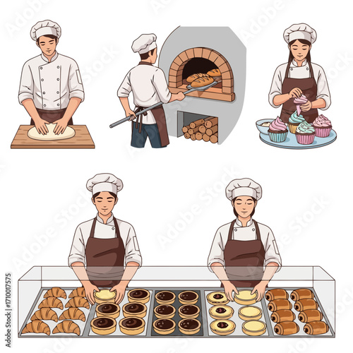 A delightful collection of baker illustrations showcasing the art of baking bread, preparing cupcakes, and displaying pastries in a bakery showcase
