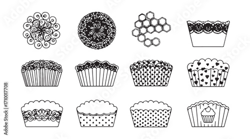 Hand drawn artistic cupcake icons collection diverse decorative styles food bakery dessert sweet treat design elements silhouette