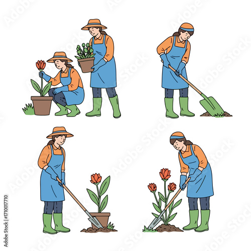 A woman gardening sequence showing planting a flower, digging with a shovel, and tending to plants in a pot for educational and lifestyle content