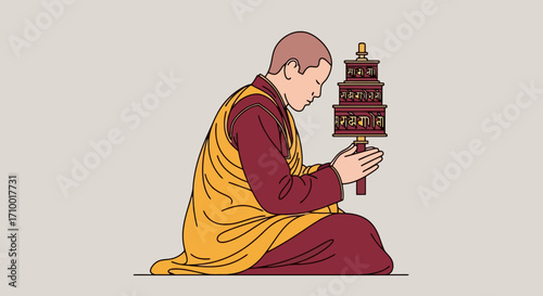 A serene illustration of a buddhist monk in meditation holding a prayer wheel, symbolizing peace, mindfulness, and spiritual practice for religious and wellness content