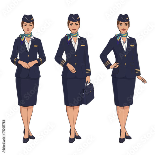 A set of airline stewardess illustrations featuring flight attendants in uniform for travel and aviation industry marketing materials.