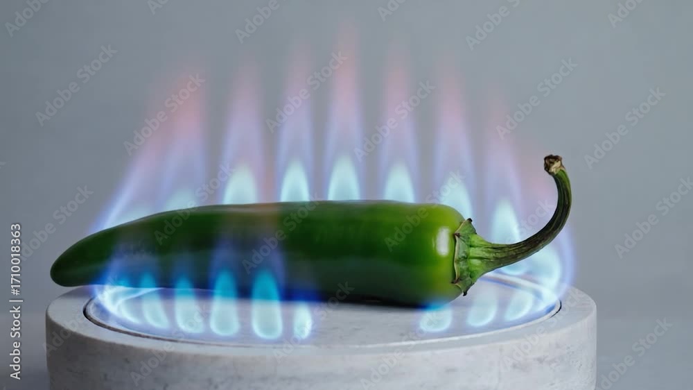 Green chili pepper over a gas burner