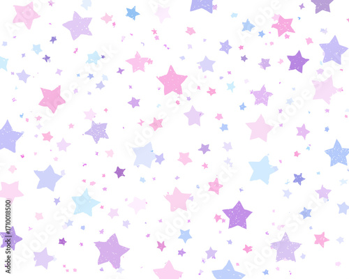 Estrelas coloridas cintilantes em tons pastéis de rosa, azul e roxo espalhadas aleatoriamente sobre um fundo branco puro, criando uma atmosfera mágica e festiva.