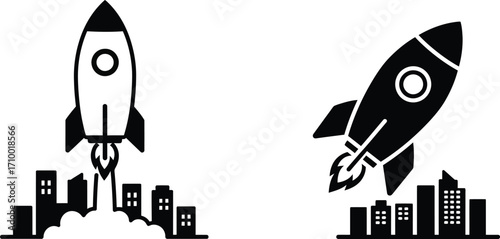 Two rocket ships launching from a cityscape illustrated in black and white