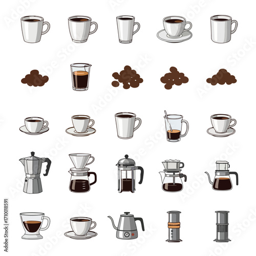 Vector art of collection of coffee cups, beans, and brewing equipment, showcasing various methods and styles of coffee preparation