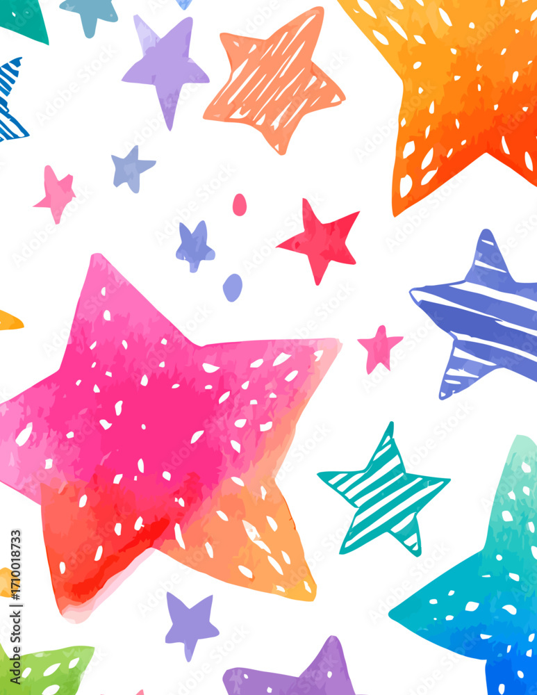 Padrão vetorial sem costura com estrelas coloridas em aquarela