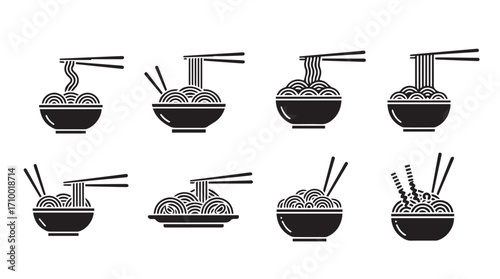 Collection of asian noodle bowls with chopsticks simple silhouette icons food dishes silhouette