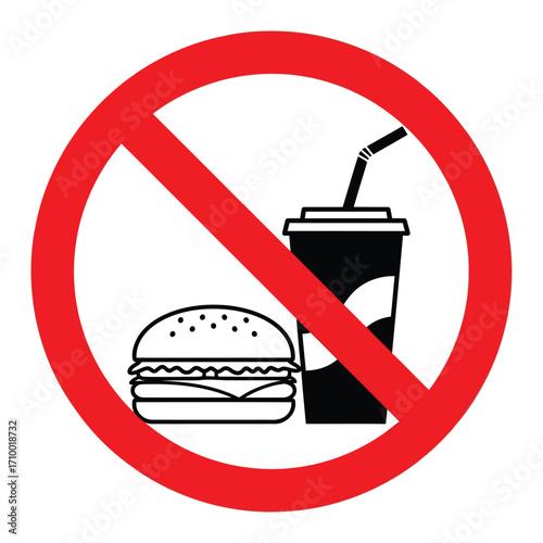Vector art of a red circle with a line through it, symbolizing a ban on unhealthy food and drinks, , promoting healthy choices
