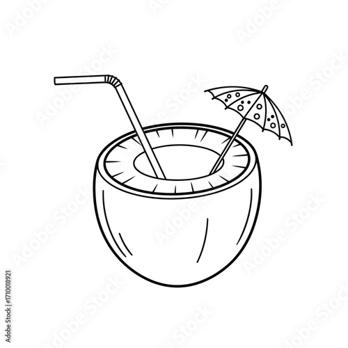 Vector art of a line drawing of a coconut drink with a straw and umbrella, a tropical beverage