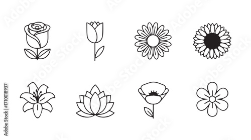 Collection of hand-drawn botanical icons featuring eight diverse floral designs silhouette