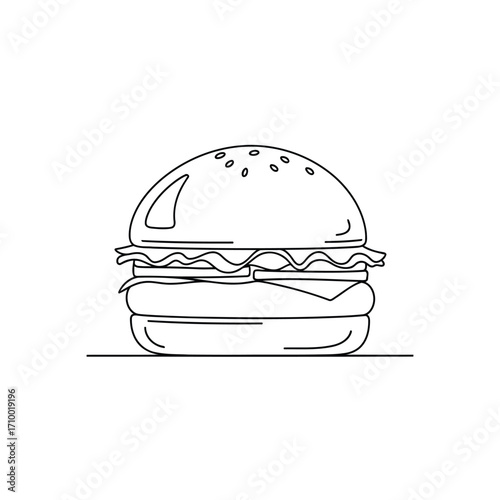 Illustration of a tasty burger with sesame seeds on the bun, cheese, lettuce, tomato and meat