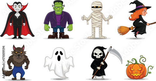 Whimsical Halloween characters including a vampire, Frankenstein, mummy, witch, werewolf, ghost, grim reaper, and pumpkin.