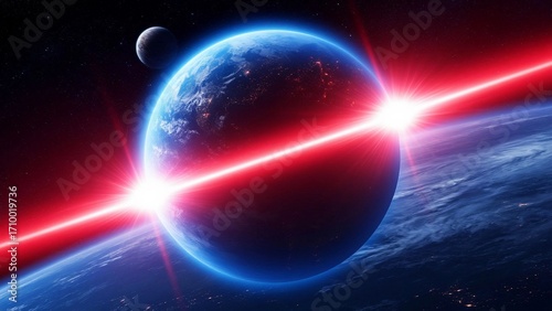 flash of beam of light above the planet