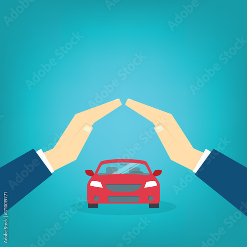 Car with a protective hands. For security concepts, protection of private property. Insurance, mortgage, credit.	