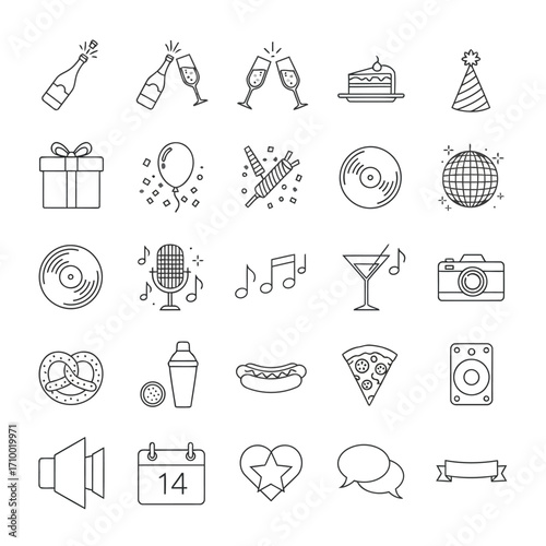 Vector art of elegant line art illustration, depicting party and celebration elements for festive occasions and joyous gatherings