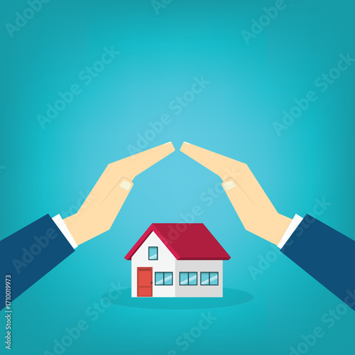 House with a protective hands. For security concepts, protection of private property. Insurance, mortgage, credit.	