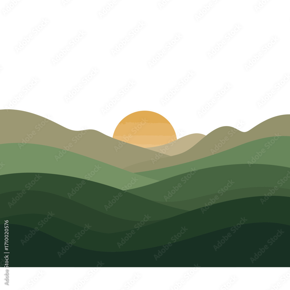 Obraz premium Serene abstract landscape with rolling green hills and a warm sun rising over the horizon