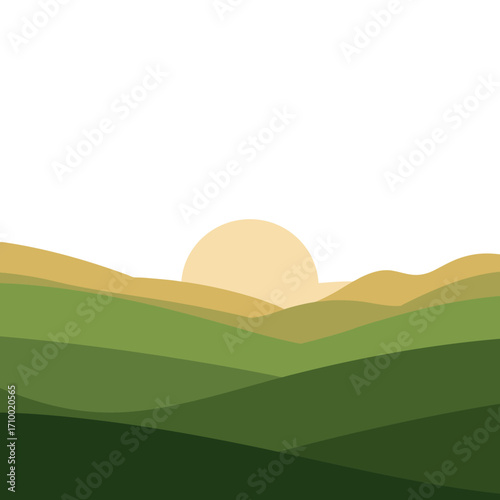 Serene minimalist landscape with rolling green hills and a soft sun rising over the horizon
