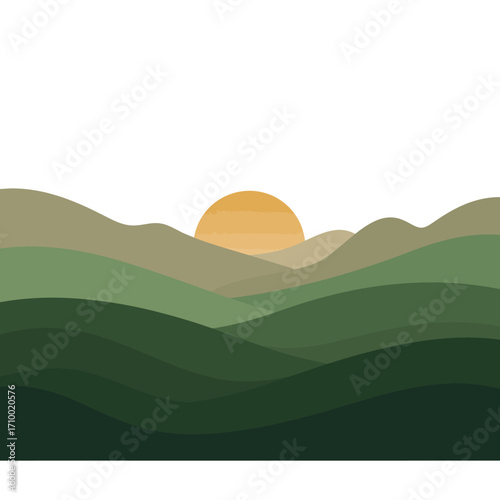 Serene abstract landscape with rolling green hills and a warm sun rising over the horizon