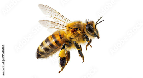 Фотография Isolated Western honey bee in flight, Apis mellifera insect on airy transparent