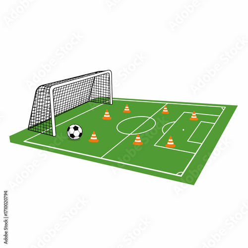 Miniature soccer field with goal and ball surrounded by orange training cones for practice drills