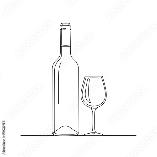 Vector art of elegant wine bottle and glass, a minimalist line art illustration conveying sophistication and simplicity in design