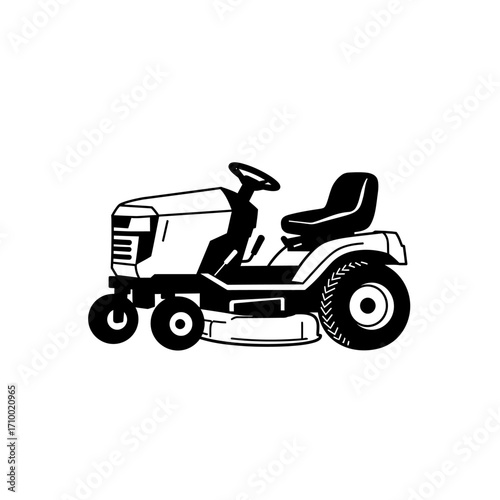Black and white illustration of a riding lawn mower with a seat and steering wheel on a white background