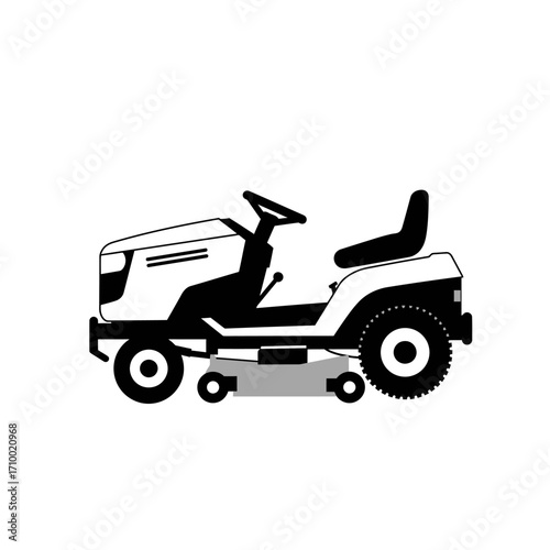 Illustration of a modern white and black riding lawn mower viewed from the side on a white background