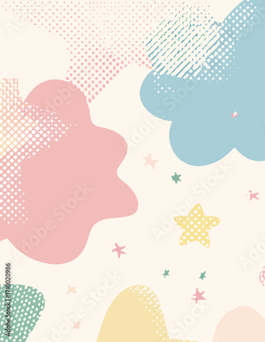 Padrão Sem Costura Vetorial Pastel com Nuvens e Estrelas