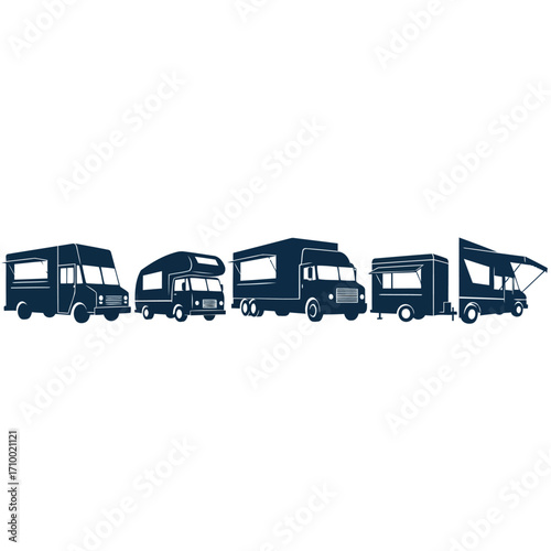 Vector art of collection of food trucks, showcasing various designs and styles for mobile culinary businesses and street food vendors
