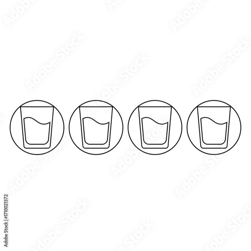 Vector art of four glasses of water in a row, representing hydration and daily water intake for health and wellbeing